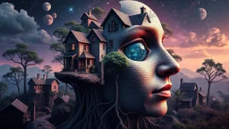 A hyper-detailed, surreal photographic composition blending impossible geometries with organic elements. At the center, a fragmented human face emerges from a village landscape, its features dissolving into: Architectural absurdity: Floating cottages with lace-like brickwork Celestial interference: Constellation patterns etched into skin pores Natural surrealism: Trees growing through eyeballs, roots forming mathematical fractals The scene glows with an eerie luminescence (deep indigo to violet