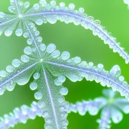 There are many green pointed tender leaves on the flower branches, many crystal clear lavender flowers, and translucent petals curled around its wet flower center. There are crystal dew on the flowers. The hazy gray blue background is clear, and several transparent snowflakes are falling,HD --ar 9:16