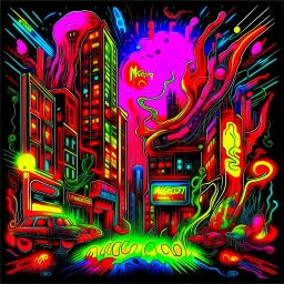 Neon legacy of nyctophobia, by Matt Sesow, mind-bending illustration; asymmetric, warm colors, dark background