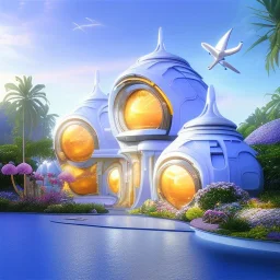 landscape of summer tropical ambient beutiful villa white gold and neon lights bright and colorful bright gloss effect of a futuristic house,like spaceship, natural round shapes concept, large transparent view of the open outdoor garden,sea beach at sunset, gold crystals,with light pink, flowers of Lotus, beutiful pools, light of sun , palmiers,cerisiers en fleurs, wisteria, sun , stars, small waterfalls