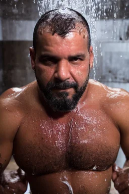 full figure shot 48 years old puertorican carpenter man hands behind the head , in an abandoned warehouse, serious, bearded burly chubby , serious eyes, shirtless under the shower, wet, dripping water, manly torso, photorealistic, 50mm photo, ambient occlusion , side view from the ground