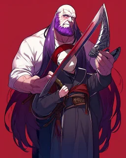 Man with Purple long hair, purple eyes with murderous intent, wears a mask around his neck without covering his mo, He wears an assassin's outfit, carries a katana, dark red background, his face is stained with blood on his cheeks, he has a calm and cold expression, and He is a 23-year-old man but has a light body and not that strong, You have a "Z" mark on your clothes, As I said, his body is not that heavy so he is very thin, being very normal compared to people.