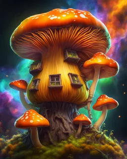 A weird floating island mushroom house in space. orange yellow green cosmic, deep space nebulas. Detailed gloss Painting, bright color, fantastical, intricate detail, splash screen, hyperdetailed, insane depth, concept art, 8k resolution, trending on Artstation, Unreal Engine 5, color depth, backlit, splash art, dramatic, High Quality Whimsical Fun Imaginative, good composition