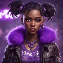 arcane tv show style, league of legends, solo, 1girl, attractive teenager, african, dark skin, dark-brown eyes, black hair, pair buns, (violet strand in forehead bang), necklace, earrings, modern makeup, (detailed skin texture), old leather jacket with violet fur collar, oversized torn t-shirt with half-erased unknown music group logo, You can see through the wide holes in the t-shirt her acid-green sport top, dark background, bokeh, cinematic atmosphere