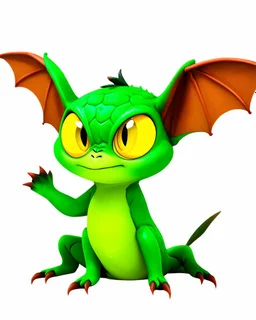 Flux P: a small gremlin, with large expressive yellow eyes and oversized ears that resemble bat wings. The creature has a vibrant green, slightly scaly skin, and a playful, mischievous expression. It sits in a dynamic pose, with a curled tail and pawed feet featuring sharp, claw-like toes. The background is minimalistic and bright white, emphasizing the creature's vivid colors. The lighting is soft and even, highlighting the detailed textures of the skin and the glossy shine of the eyes. The ove