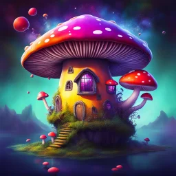 mushroom house on a distant floating space island. the island is floating in outer space. Bright Bold Bright Colors, Stark Dark background. Fantasy Style. High Quality, Painterly, Whimsical, Fun, Imaginative, Bubbly,