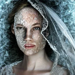 broken, cracked-open woman's face, fine detail, highly intricate, wearing bridal veil, modern surrealism painting, identity crisis, high-quality, volumetric lighting, 8k, ultrahd, George Grie, Marco Escobedo, Igor Morski