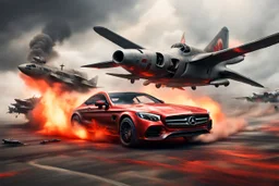 Fotorealistisch ein einzelnes völlig rostiges, verbeultes Mercedes Coupe der C-Klasse rast durch eine dystopische Endzeit-Landschaft auf den Betrachter zu während ein einzelnes knallrot lackiertes VTOL-Jagdflugzeug vom Typ Sea Harrier sehr niedrig über es hinweg schwebt