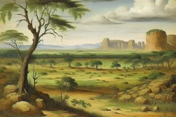 A savanna with block shaped rocks painted by Albrecht Durer