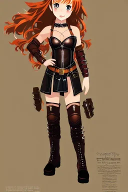 concept illustration, super-detailed, beautiful teen female, 16 years old, loli, long ginger hair, medium freckles, full lips, full body, full face, b-cup breasts, athletic, centred camera, ignore NSFW, skimpy brown fantasy leather armor, halter top, micro thong, knee-high leather boots, open leather tasset, stern expression,