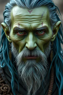 50 year old water genasi sorcerer with weathered green skin, green eyes, blue-green hair, and no facial hair