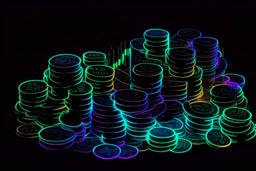 black background, outlines of a holographic pile of coins, chart drawn from thin neon-coloured glowing lines