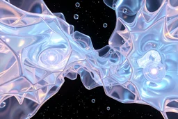 create A picture of 3d complex hypnotic fractal translucent 3D complex structures evolving and morphing, fluid geometry shifting between organic and geometric forms, iridescent glass material with internal glow and pretty bubbles inside,instances must have random translucent material smooth camera orbit, galaxy background, seamless motion, cinematic lighting, generative art style.