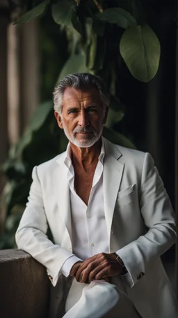 Portrait of a handsome older italian gentleman wearing crisp white linen suit, and an open necked shirt. His dark hair is peppered with grey, his neatly trimmed beard is dark and peppered with grey