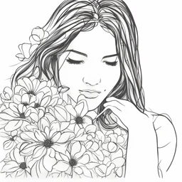 incomplete, haphazard line scribble, ephemeral clean outline art, with scribble handwritten "love", girl holding a flower, clip art