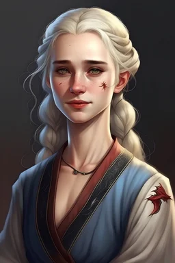 Maegelle Targaryen, epitomizes Targaryen allure with her golden locks and sapphire eyes. She boasts a slender frame adorned with delicate features, her porcelain skin and high cheekbones. Wearing a cardigan and summer dress, hair tied back in a bandana