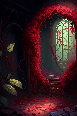 Abandonedteampunk dungeon room in overrun with vines and red flowers painterly fantasy rpg art