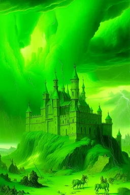 A lime green castle in a plasmatic thunderstorm painted by Albrecht Durer