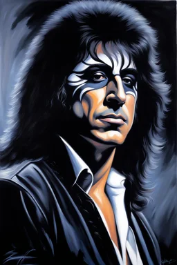 Head and shoulders image - oil painting by Scott Kendall - pitch Black solo record album with emerald glowing in tips of hair - 30-year-old Peter Criss (Drummer) with shoulder length, wavy, straight black and gray hair, with his face made up to look like a cat's face - in the art style of Boris Vallejo, Frank Frazetta, Julie bell, Caravaggio, Rembrandt, Michelangelo, Picasso, Gilbert Stuart, Gerald Brom, Thomas Kinkade, Neal Adams, Jim Lee, Sanjulian, Thomas Kinkade, Jim Lee, Alex Ross,