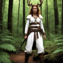 [photo in the forest by Kevin Eastman and Peter Laird] she is a ranger: her totem is a deer like a second skin of dark magic. Clad in a white tunic, brown pants, and a leather belt with mysterious pouches, her silver dagger in hand.