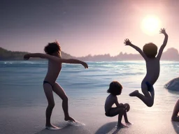 children jumping in water on a beach capture them against the sun and make an art silhouette, hyper details, real sharp, 8k, well detailed, well shaped