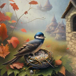 captivating cinematic painting masterfully blending traditional illustration, 3D rendering, and wildlife photography, depicts a picturesque old stone farmhouse with a thatched roof. The harmonious blend of artistic styles creates an atmosphere of serene tranquility, warmth, nostalgia, and timeless beauty. In the cozy home on the roof, three adorable baby swallows rest in their nest, watched over by a swift adult swallow soaring around them. Vibrant hollyhocks cascade along the walls, and hay in