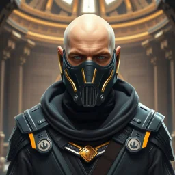 bald male corellian jedi wearing gunmetal grey and black old republic armored flightsuit and breath mask with gold and metallic red trim inside the jedi temple, centered head and shoulders portrait, hyperdetailed, dynamic lighting, hyperdetailed background, 8k resolution, volumetric lighting, light skin, fully symmetric details