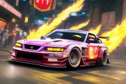 volumetric japan city environment and background, realistic pop-art illustration and highly detailed digital painting of illegal street drifting, ghost flames, inside a vibrant city, underground jdm scene, d1 grand prix, nissan, mitsubishi, otaku, neon, toyota, honda, subaru, highly detailed, money, high contrast, realistic shaded volumetric lighting, 8k, tokyo drift, reflective ground, octane render, smoke, burnout, vitality colours, colorful, uhd, blue fires, dk, hooning manga art by sam curry