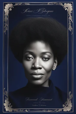 An extremely formal, funeral program written in French for a black woman (include a front photograph of a beautiful lightly tanned elderly biracial black woman) on darkest blue deeply pigmented velvet paper with brilliant, brightest heavy bright shining platinum calligraphy fonts, simple, minimalistic, less element, very dramatic lighting, brilliant colors,