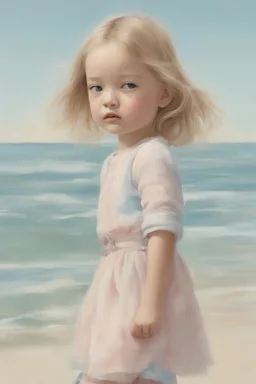 Illustration of model gemma ward as toddler,at the sea, style of Marcel Marlier, pastel colors