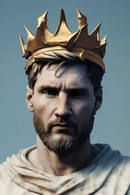 Ultra Realistic image, Roman sculpture, white marble material, Lionel Messi, gold crown of natural thorns, god crown, Renaissance style, sun rays background, waist up portrait, epic, celestial, cinematic lighting, God lights, 4k resolution, smooth details, soft lighting, unreal engine 5, art station, substance 3d.