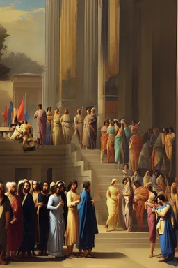 People standing in a line to vote classical painting