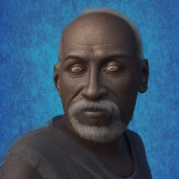 3D render of a cyberpunk tribal old black man, gray hair and goatee, on a dark blue jungle background, digital art