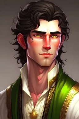 white half elf male, amber eyes, wearing noble clothes, he has brown hair.