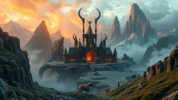 fairytale world of ancient Scandinavian and Slavic gods, Valhalla, heaven and hell, realistic image, fantasy world of the future, high resolution. The scenery is awe-inspiring. Colour photograph.