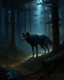 a black wolf in a night forest, Bastien L. Deharme, magic the gathering artwork, concept art, fantasy art