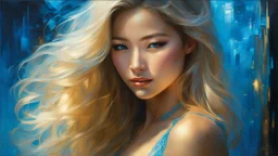 In Casey Baugh's evocative style, art of a gorgeous young smiling asian woman with long blonde hair, blue eyes , beautiful breast, and ass, futuristic, transparent blue lace, elegant, highly detailed, majestic, Baugh's brushwork infuses the painting with a unique combination of realism and abstraction, greg rutkowski, surreal gold filigree, broken glass, (masterpiece, sidelighting, finely detailed beautiful eyes: 1.2), hdr, realistic painting, natural skin, textured skin, crystal eyes,