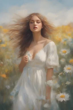 Fantasy illustration, Oil painting style, a sunlit meadow with wildflowers flowing in the wind, extremely beautiful girl in a white summer dress standing there enjoying the warmth of the sun, hands playing with the flowers, playful atmosphere, detailed illustration, beautiful color palette, incredible details, in the style of Leonardo Da Vinci, oil painting, heavy strokes, paint dripping