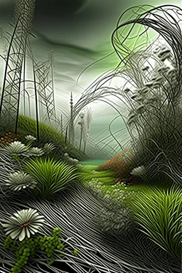 Гжель и Хохлома, mysterious multi-layered and multidimensional structure, grasses, strange sky, trees, unusual flowers, intricate, extraordinarily beautiful landscape,fractal, surreal, careful drawing of details, clear contour, photorealism, botanical style, path, pale black, grey, light green, dark blue, red, yellow, curls, swirls, smoke, beautiful, realistic, soft lighting, high resolution, high detail, masterpiece