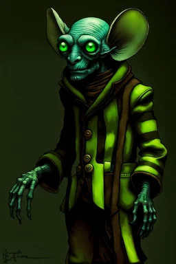 Artist Jean-Baptiste Monge style. A old biomorph male humanoid with Ant face. Bright eyes. A green and blue striped outfit. Modifiers: Tim Burton Craig Rutkowski Modifiers:neon glowing Iridescent black ink