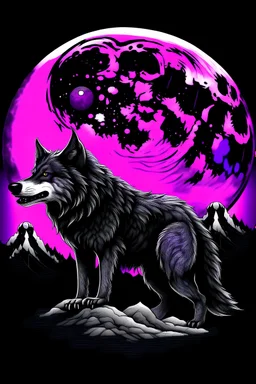 a big wolf behide it purple and black mountains with a moon in the sky