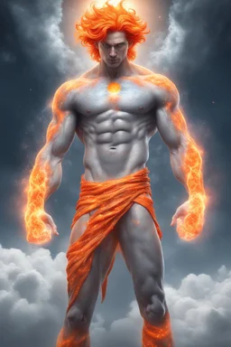 full body picture of a slim muscular god with galaxy's in his eyes, glowing orange hair that looks like it's made of the sun, a light gray body made of clouds with glowing cracks of orange within it in cloud patterns, he wears greek god like clothing that looks as if it's made of ice and water. realistic 4k