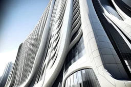 Zaha hadid sheikh chanel, uturistic building facade, located between very tall buildings with mirror facades that reflect it, 16K, ultra realism. day lighting