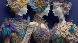 Surreal fantasy Couple Wearing Insanely Detailed Quilling consisting of Mixed Media Including Feathers, Foliage, Flowers, Leather, Buttons, Jewels, Twigs, Plastics, Glitter, Shells, Fabrics, Twine, And Thread; Award-Winning Neo-Surrealistic Masterpiece