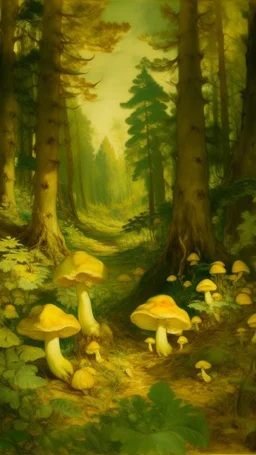 A light yellow forest with glowing mushrooms painted by Édouard Manet