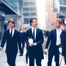 A group of penguins wearing business suits and carrying briefcases, walking through a busy city street.