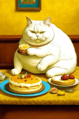 Painting of a white fat cat eating chocolate cheescake.