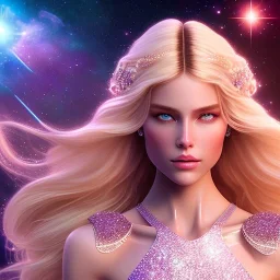  full body white goddess woman glitter smiling long blond hair blue eyes in a galactic ambiance, delicate colors in the foreground, full of details, smooth, light effect，vaporwave colorful, smooth, extremely sharp detail, finely tuned detail, ultra high definition, 8 k, ultra sharp focus