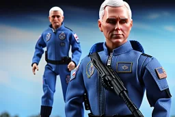 Plastic Mike Pence as G.I. Joe toy Doll figure With a pistol space force Commander Blue fabric uniform, black Moonboot in a clear package