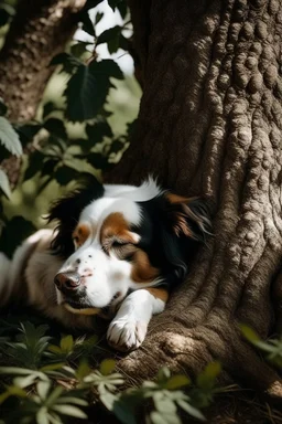 Un perro durmiendo abajo de un arbol boca arriba. Plano desde arriba